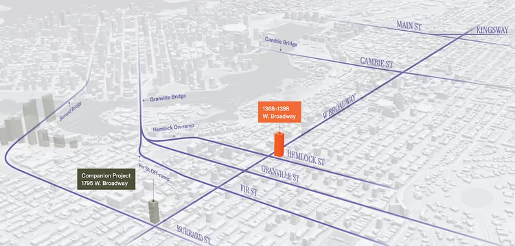 西百老汇大街1795号西塔楼用地（左）与西百老汇大街1368-1398号东塔楼用地（右）距离。（图源：W.T. Leung建筑事务所/协平世博）  