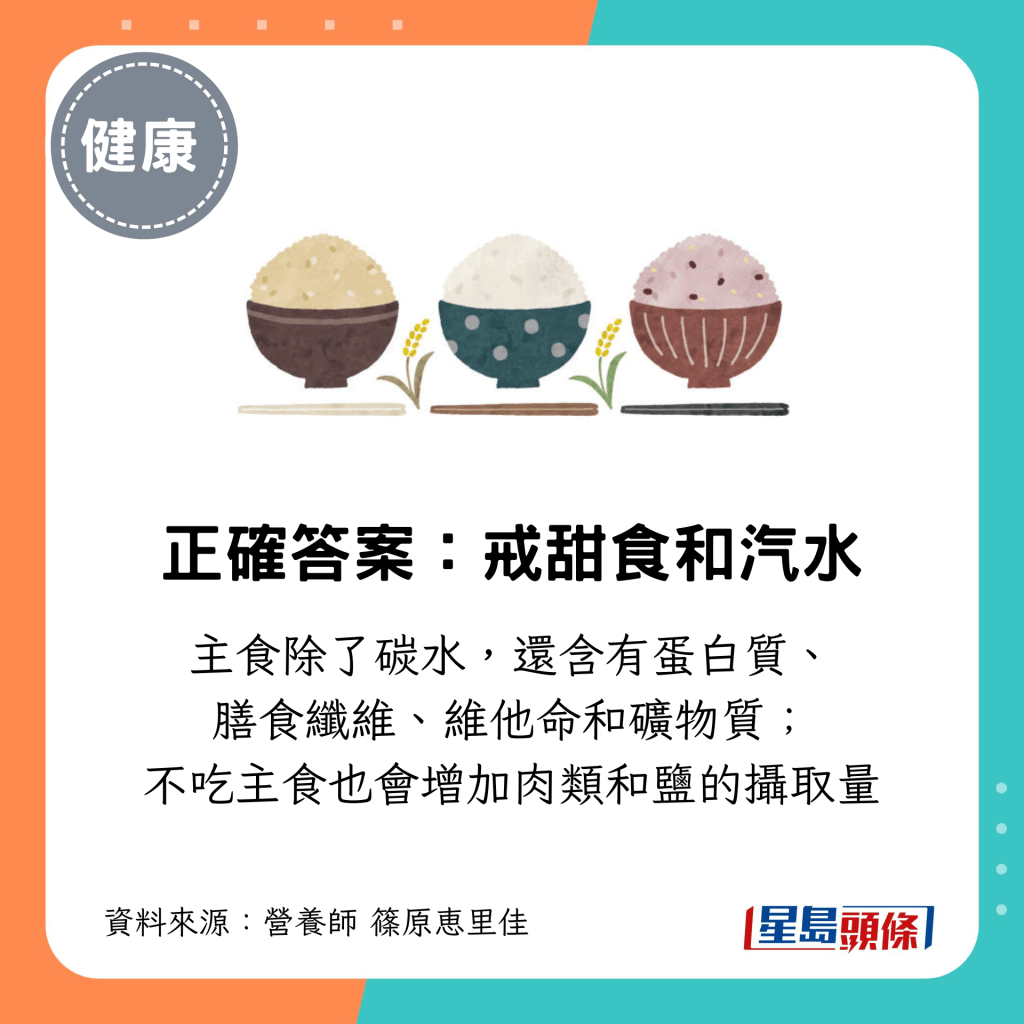 主食除了碳水,还含有蛋白质、 膳食纤维、维他命和矿物质; 不吃主食也会增加肉类和盐的摄取量 主食除了碳水,还含有蛋白质、 膳食纤维、维他命和矿物质; 不吃主食也会增加肉类和盐的摄取量