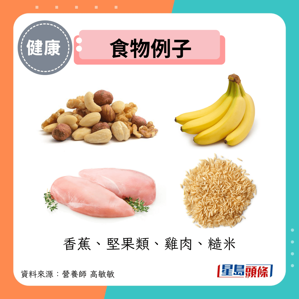 食物例子:香蕉、坚果类、鸡肉、糙米 食物例子:香蕉、坚果类、鸡肉、糙米