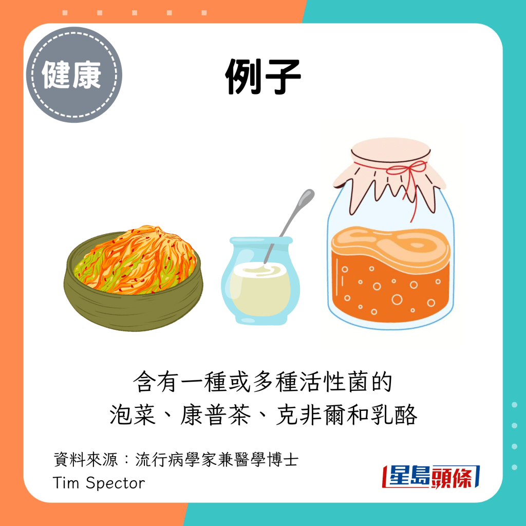例如含有一种或多种活性菌的 泡菜、康普茶、克非尔和乳酪 例如含有一种或多种活性菌的 泡菜、康普茶、克非尔和乳酪