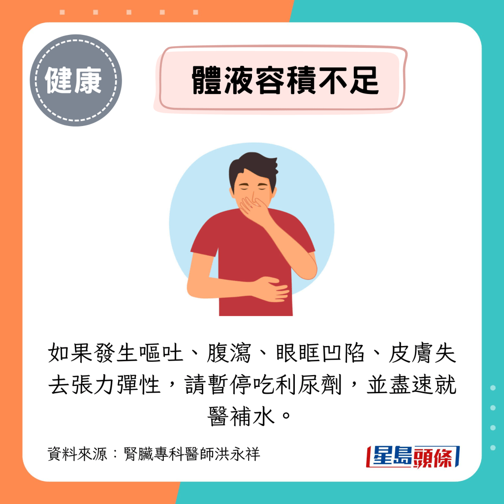 如果发生呕吐、腹泻、眼眶凹陷、皮肤失去张力弹性，请暂停吃利尿剂，并尽速就医补水。