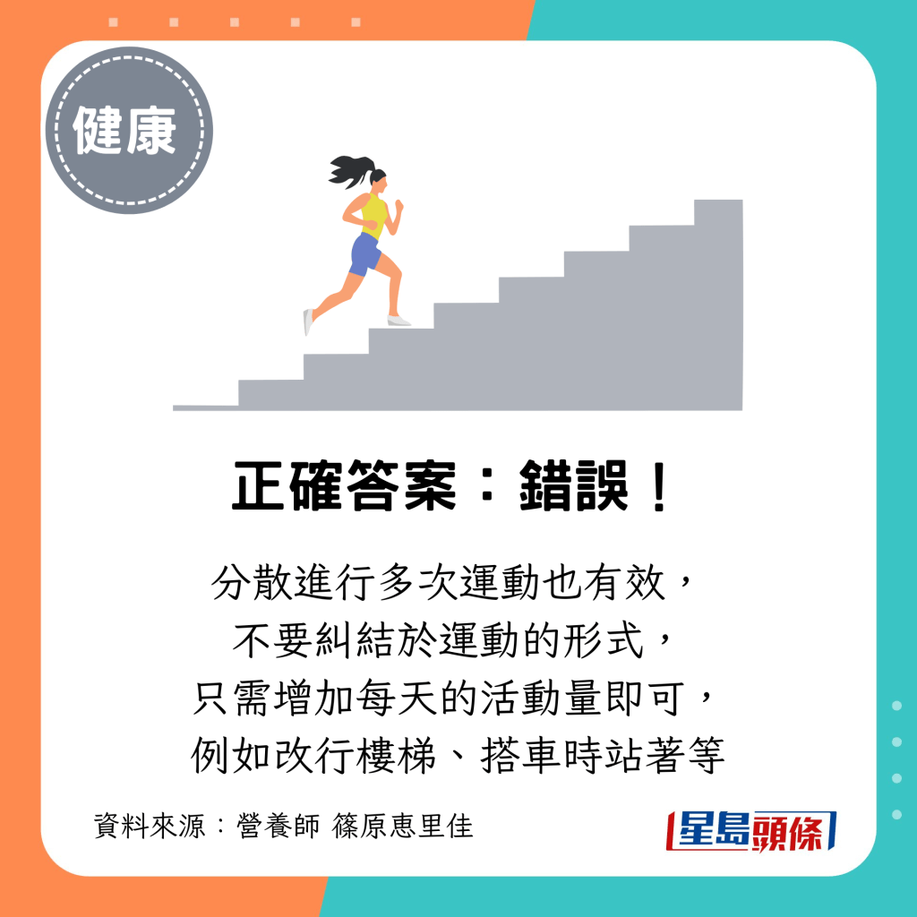 分散进行多次运动也有效, 不要纠结于运动的形式, 只需增加每天的活动量即可, 例如改行楼梯、搭车时站着等 分散进行多次运动也有效, 不要纠结于运动的形式, 只需增加每天的活动量即可, 例如改行楼梯、搭车时站着等