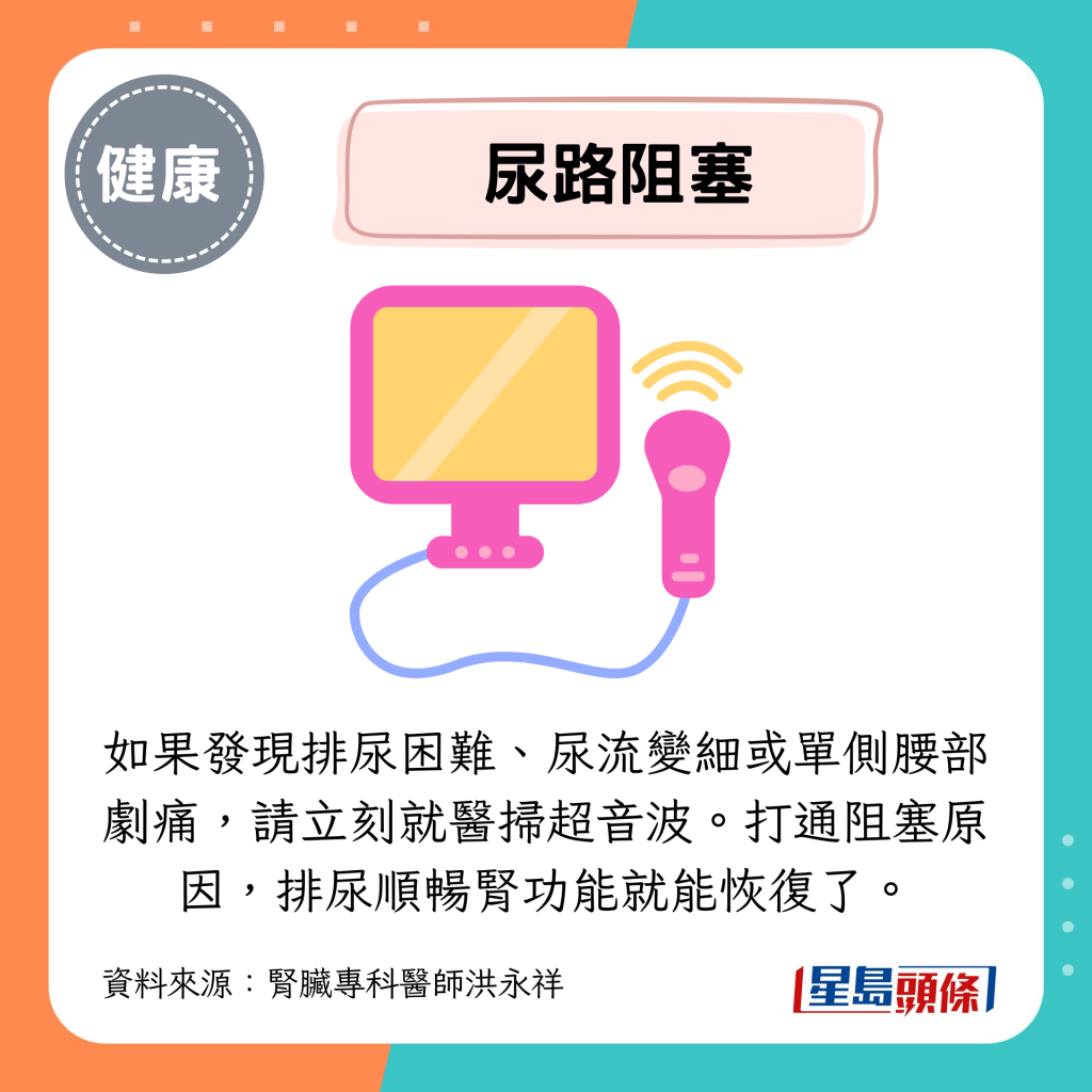 如果发现排尿困难、尿流变细或单侧腰部剧痛，请立刻就医扫超音波。