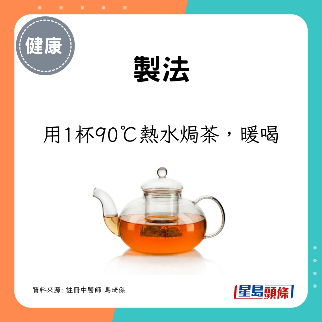 制法：用1杯90&deg;C的热水焗茶，暖喝