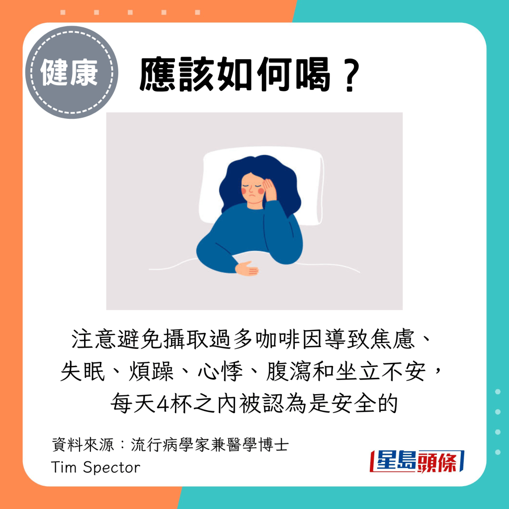 但要注意避免摄取过多咖啡因导致焦虑、 失眠、烦躁、心悸、腹泻和坐立不安,每天4杯之内被认为是安全的 但要注意避免摄取过多咖啡因导致焦虑、 失眠、烦躁、心悸、腹泻和坐立不安,每天4杯之内被认为是安全的