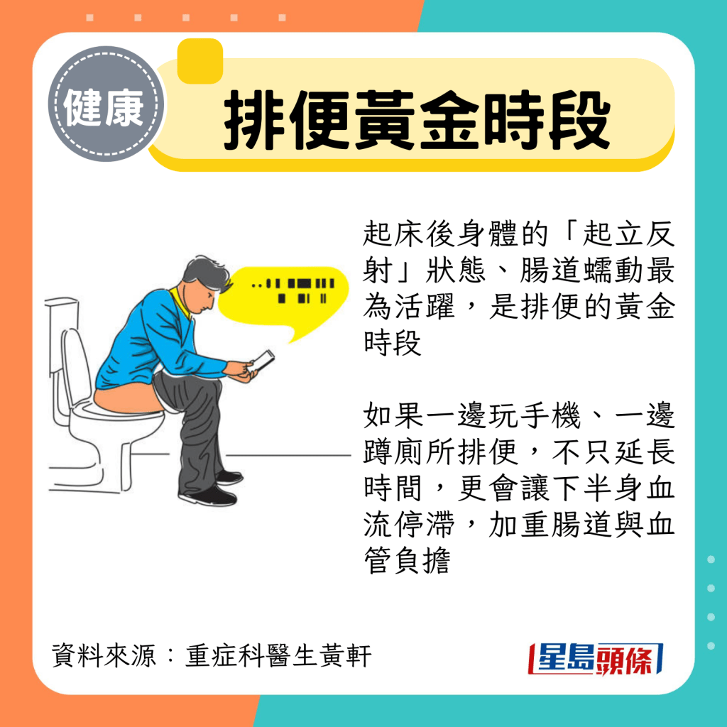 如果一边玩手机、一边蹲厕所排便,会加重肠道与血管负担 如果一边玩手机、一边蹲厕所排便,会加重肠道与血管负担