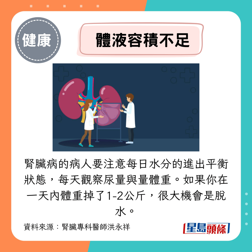 肾脏病的病人要注意每日水分的进出平衡状态，每天观察尿量与量体重。如果你在一天内体重掉了1-2公斤，很大机会是脱水。