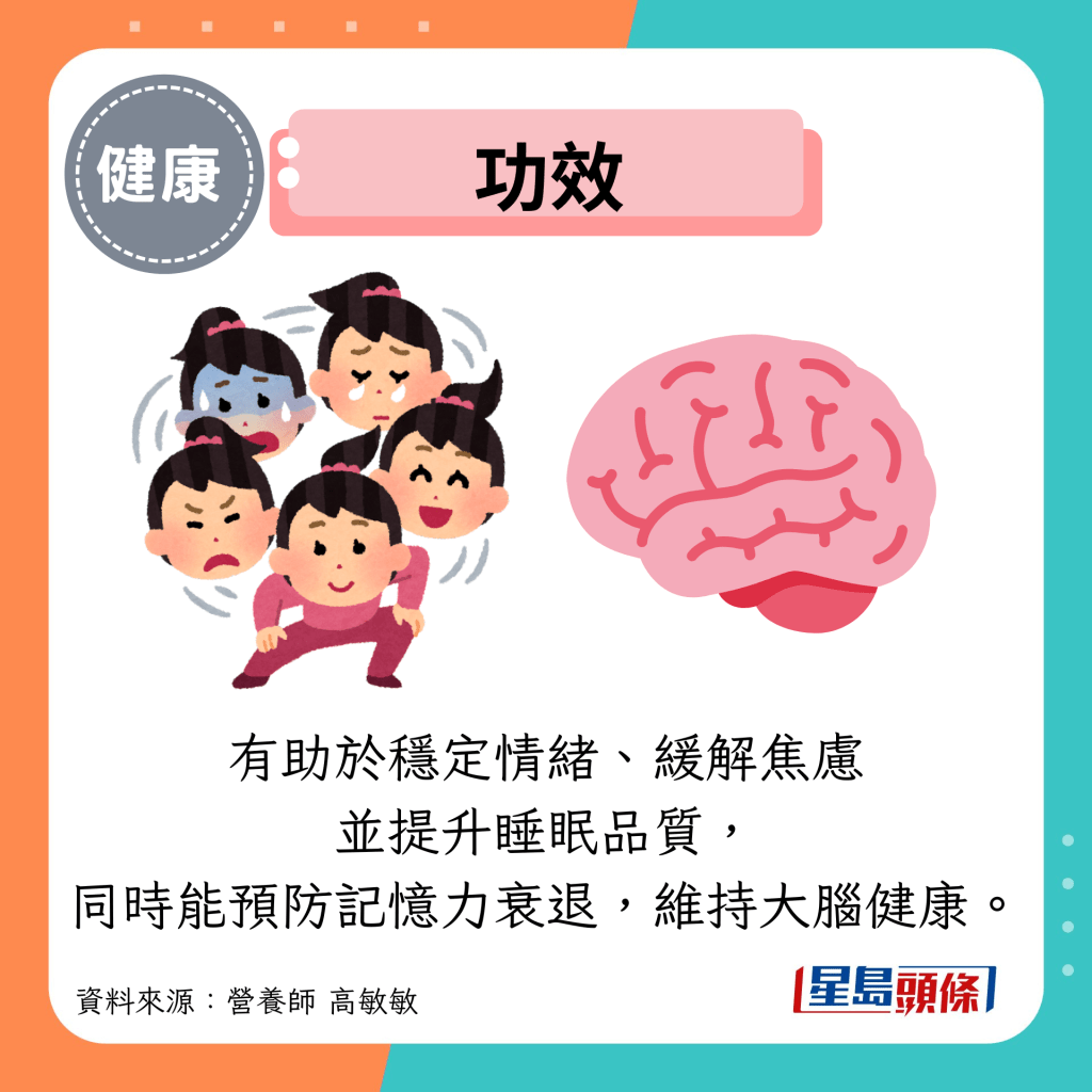 功效:有助于稳定情绪、缓解焦虑 并提升睡眠品质, 同时能预防记忆力衰退,维持大脑健康。 功效:有助于稳定情绪、缓解焦虑 并提升睡眠品质, 同时能预防记忆力衰退,维持大脑健康。