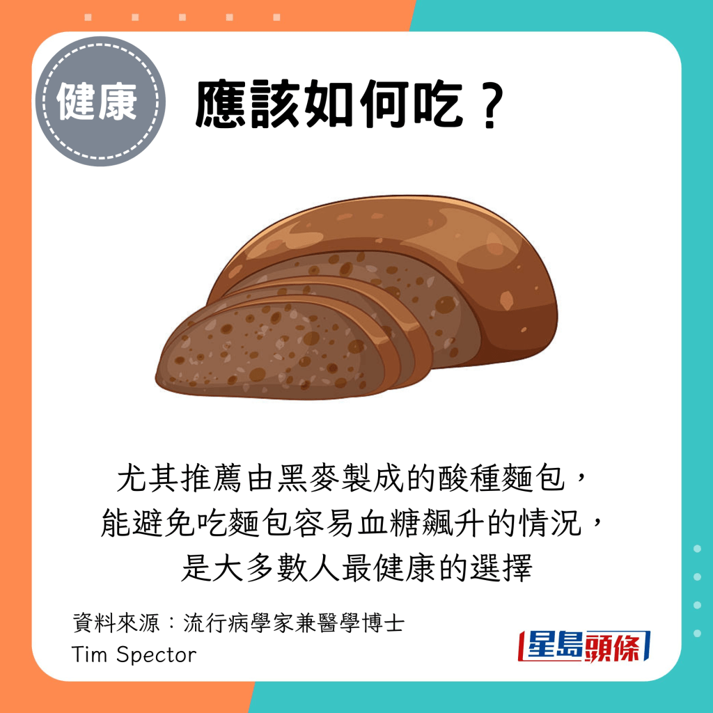 尤其推荐由黑麦制成的酸种面包, 能避免吃面包容易血糖飙升的情况, 是大多数人最健康的选择 尤其推荐由黑麦制成的酸种面包, 能避免吃面包容易血糖飙升的情况, 是大多数人最健康的选择
