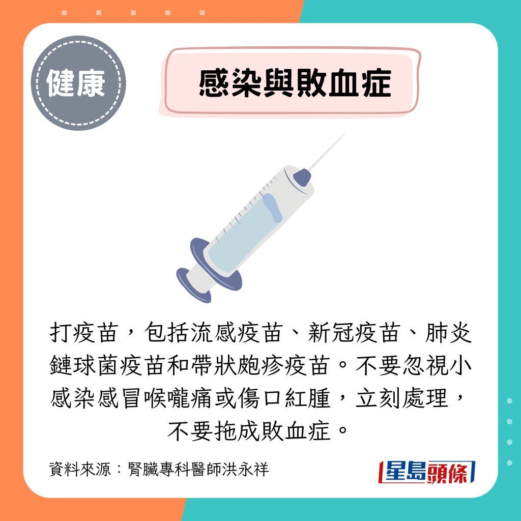 打疫苗，包括流感疫苗、新冠疫苗、肺炎链球菌疫苗和带状疱疹疫苗。
