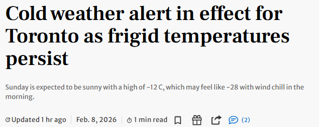 极寒持续! 多伦多体感低至-35°C, 市政府启动24小时应急机制