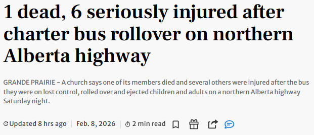 1死22伤! 加拿大载37人大巴高速失控翻车 多名成人儿童被甩出车外