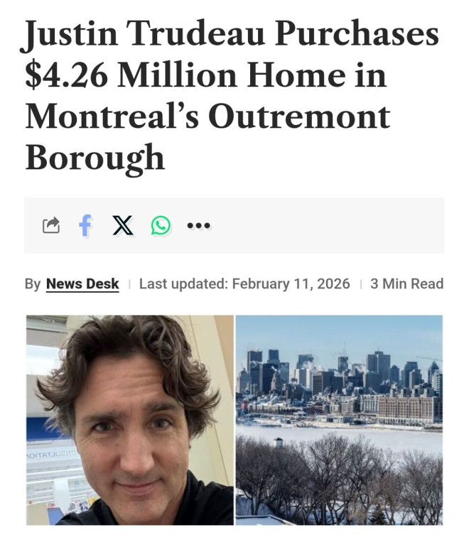 May be an image of text that says 'Justin Trudeau Purchases $4.26 Million Home in Montreal's Outremont Borough f ··· By News Desk Last updated: February 11, 2026 3 Min Read OITATJURNO'