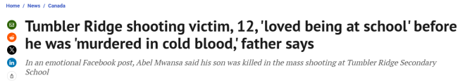 Tumbler Ridge校园枪击案: 12岁男孩身亡, 曾说"喜欢上学"!