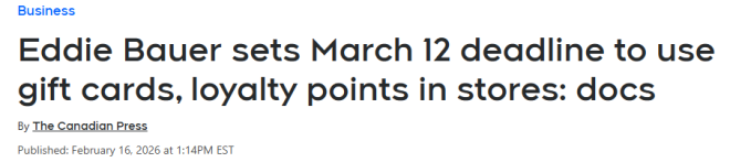 百年老牌第3次破产! 加拿大24家门店清仓! 礼品卡和积分将失效!