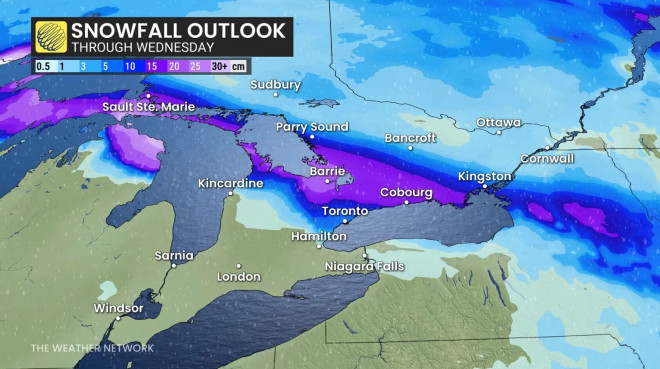 Ontario forecast snowfall through Wednesday - Feb. 16, 2026
