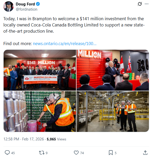 福特宣布: 加拿大可口可乐将在大多伦多投资$1.4亿扩建!