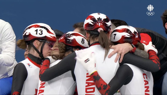 🚨🥉🇨🇦MEDAL ALERT🇨🇦🥉🚨 ITS BRONZE FOR CANADA IN SHORT TRACK SPEED  SKATING 3000M RELAY!!🇨🇦🇨🇦 DANAE BLAIS, FLORENCE BRUNELLE, KIM BOUTIN,  AND COURTNEY SARAULT ON THE PODIUM #WinterOlympics2026 #MilanoCortina2026