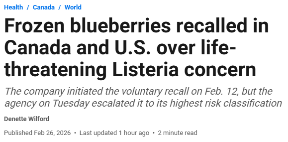 加拿大、美国召回近6万磅蓝莓! 风险升至"最高级别" 严重可致死