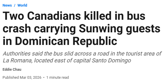 度假天堂突发惨剧：载加拿大游客接机大巴坠沟2死13伤 大使馆发声