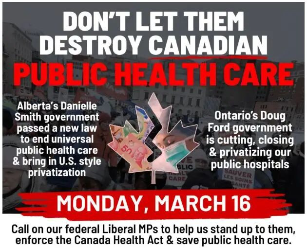 An advertisement from the Canadian Health Care Coalition, encouraging supporters to attend more than a dozen rallies across Canada, in support of Canada's public health care system.