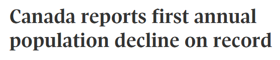 刚刚发布: 加拿大人口2025年下跌0.2%! 这是建国以来首次!