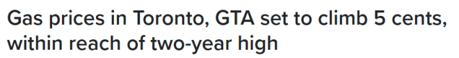 今晚加满! 多伦多周日油价直逼$176/升, 创2年新高