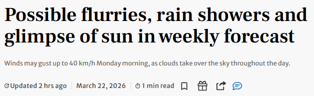 入春失败! 多伦多本周再迎阵雪+40km/h强风+降雨! 体感-8°C