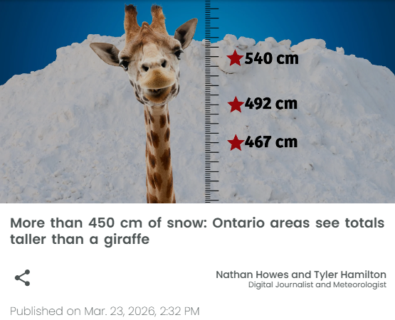离谱! 安省小镇今冬降雪492cm破纪录: 比一头长颈鹿还高!