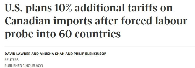 美国拟对加拿大加征10%关税，理由被批“极其荒谬”
