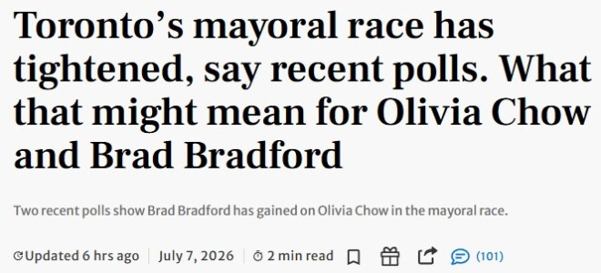 多伦多市长选战趋热！邹至蕙支持率下滑，对手Brad Bradford走强