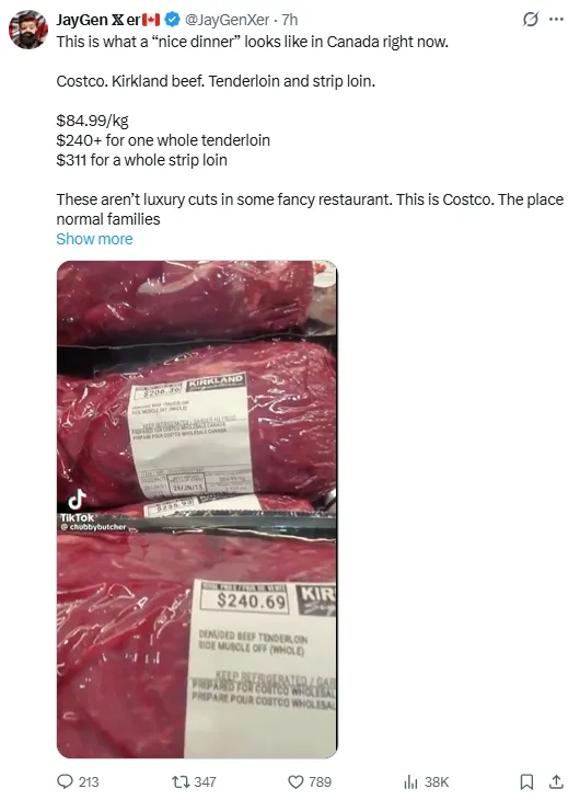 Costco牛排$300多/包！加拿大人晒图“半价才买得起”！