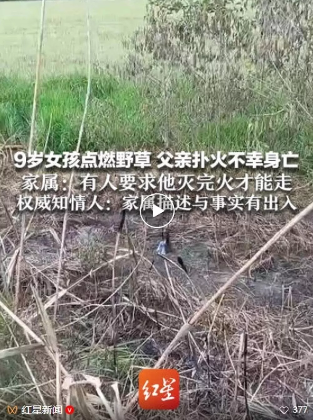 9岁女童烧野草父亲扑火身亡,家属称被要求灭完火才能走